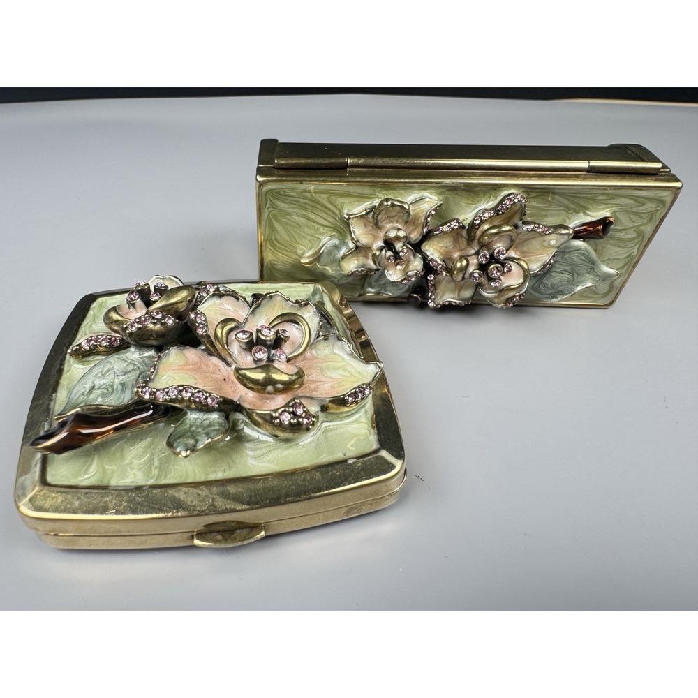 Argento‎ SC Swarovski Crystal Floral Compact Mirror & Lipstick Case Enamel Set